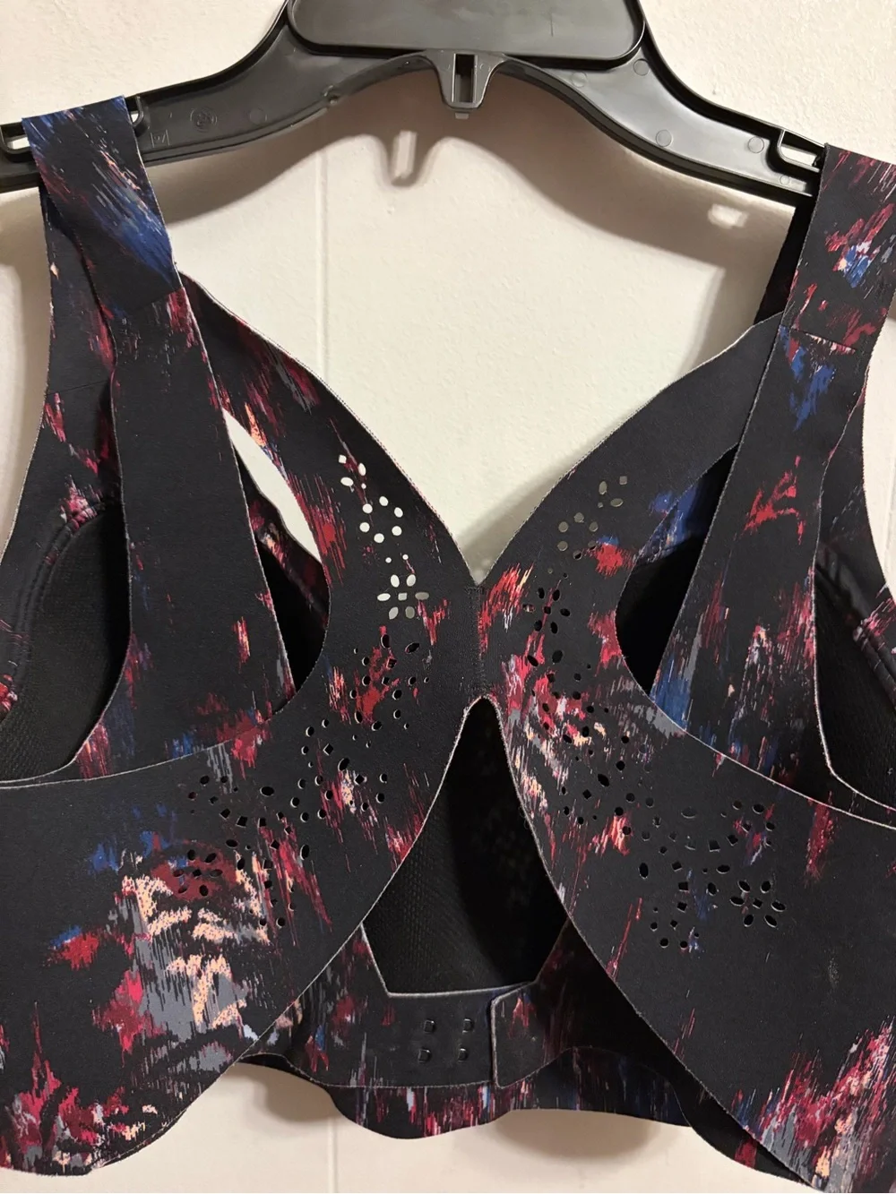 Victoria Sport Black Sports Bra with Red and Blue Abstract Print